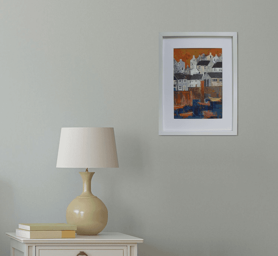 Harbour, collage with orange sky