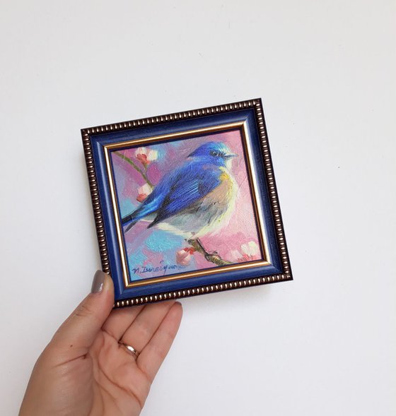 Bird on blossom branch, small painting in frame