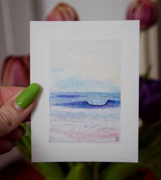 Miniature watercolor paintings, set of 4 tiny artworks, small original polaroid art