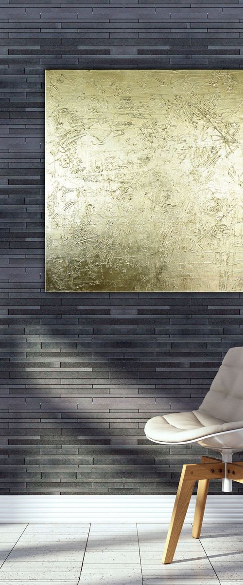 Chrysopoeia (Golden graffiti, Gold leaf textured large painting) by Carolynne Coulson