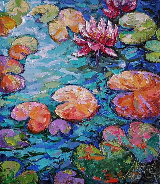 Water lilies Pink Pond - flowers oil painting, landscape