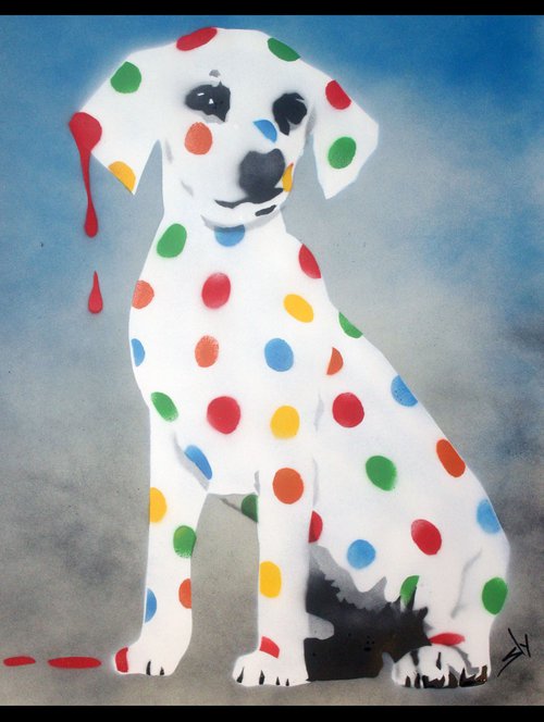 Damien's dotty, spotty, puppy dawg (blue on The Daily Telegraph) by Juan Sly