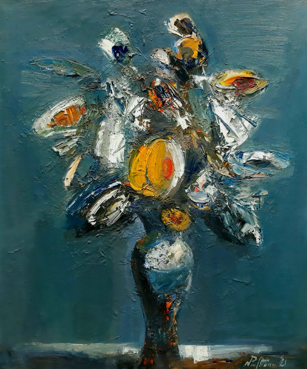 Abstract flowers in vase-3 (50x60cm, oil painting, palette knife) by Mateos Sargsyan