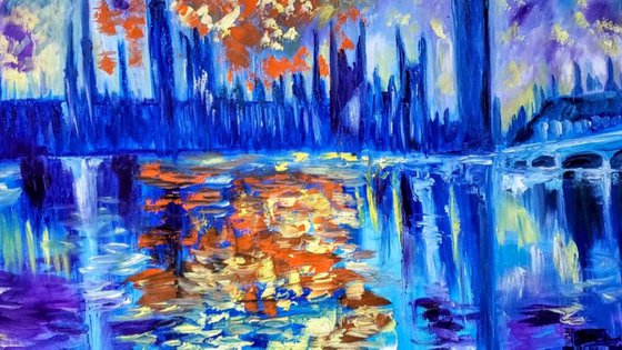 Sunset  in London 90 x 55 cm Big Ben. House of Parliament. 90 x55 LARGE OIL PAINTING