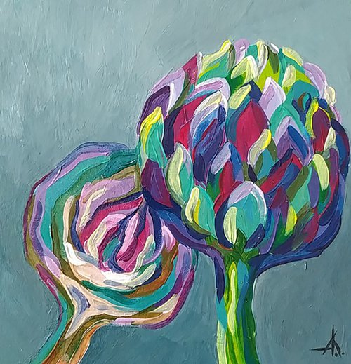 Аrtichoke - acrylic, plant, small painting, acrylic painting, artichoke flowers by Anastasia Kozorez