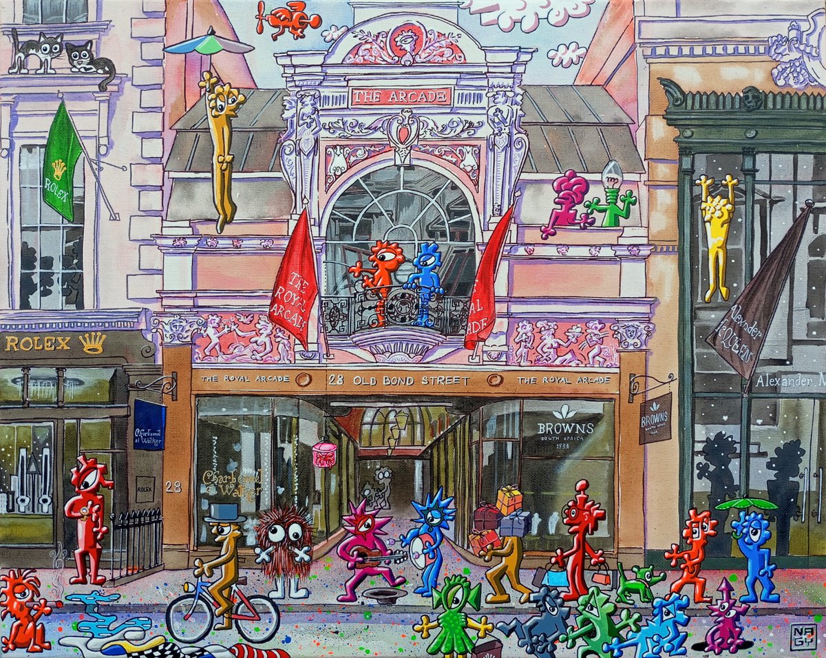 Cartoon Cityscapes Acrylic Painting By Peter Nagy, 20 X 16", The Royal Arcade, London, Original Artwork