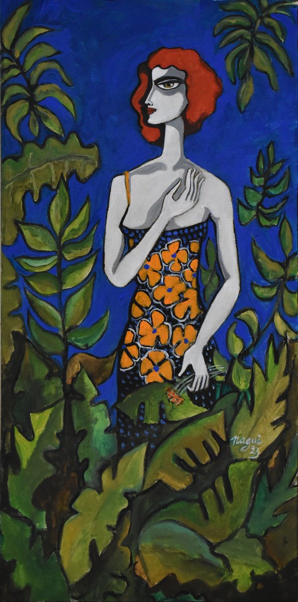Expressive Portrait Acrylic Painting By Nagui, 12 X 24", The Dress With Orange Flowers, Original Artwork