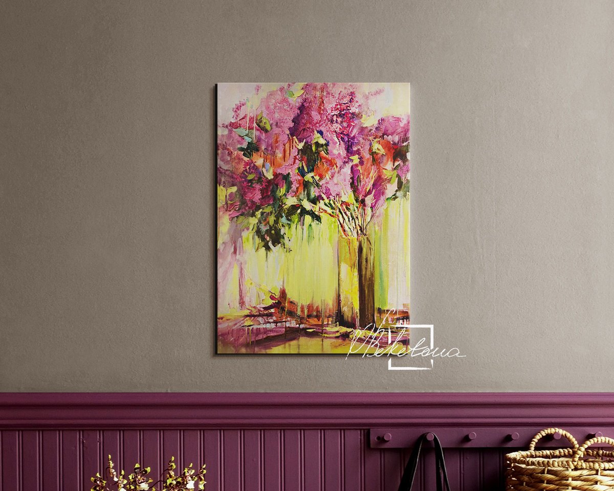 Impressionistic Botanical Oil Painting By Olga Beketova, 24 X 31", Lilac Enjoying The Sun, Original Artwork