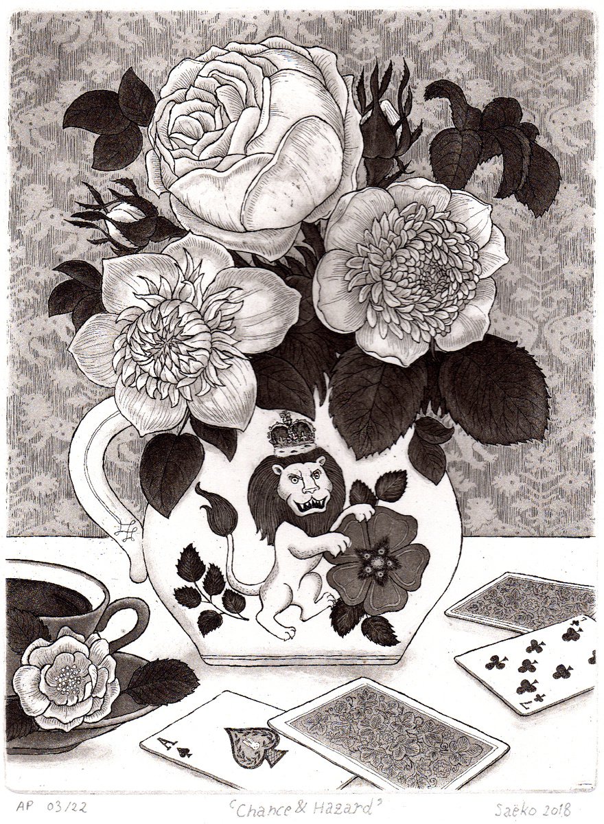 Illustrative Still Life Etchings & Engravings By Saeko, 10 X 14", Chance & Hazard, Original Artwork