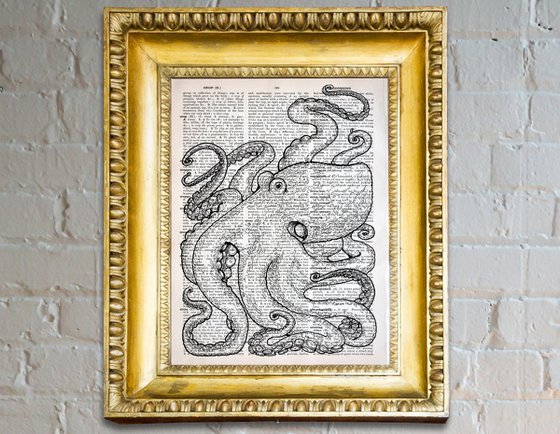 Octopus On The Page - Collage Art Print on Large Real English Dictionary Vintage Book Page