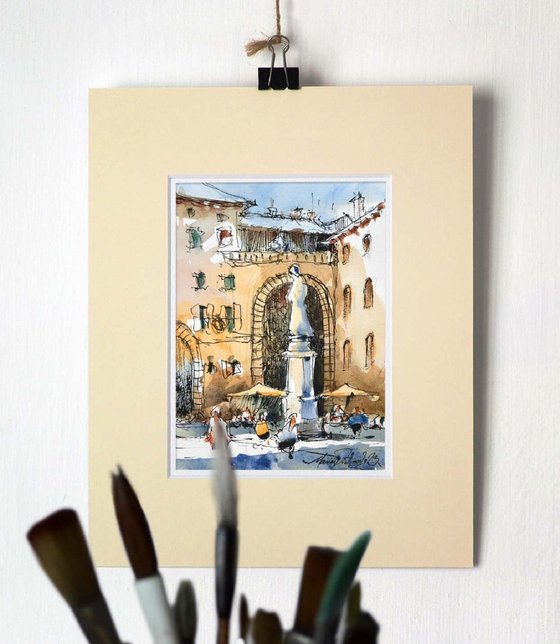Scene form city center of Verona, original watercolor painting.