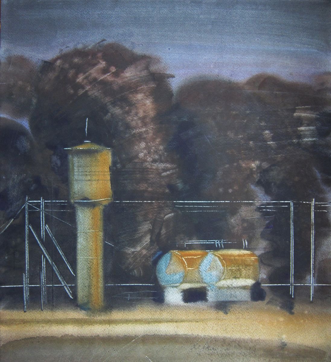 Expressive Landscape Watercolour By Liubov Palii, 23 X 25", Behind The Village. Dusk, Original Artwork