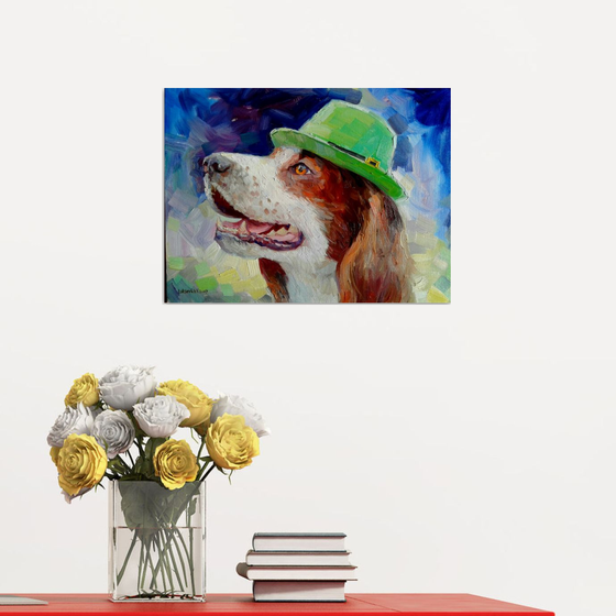 Dog in a green hat