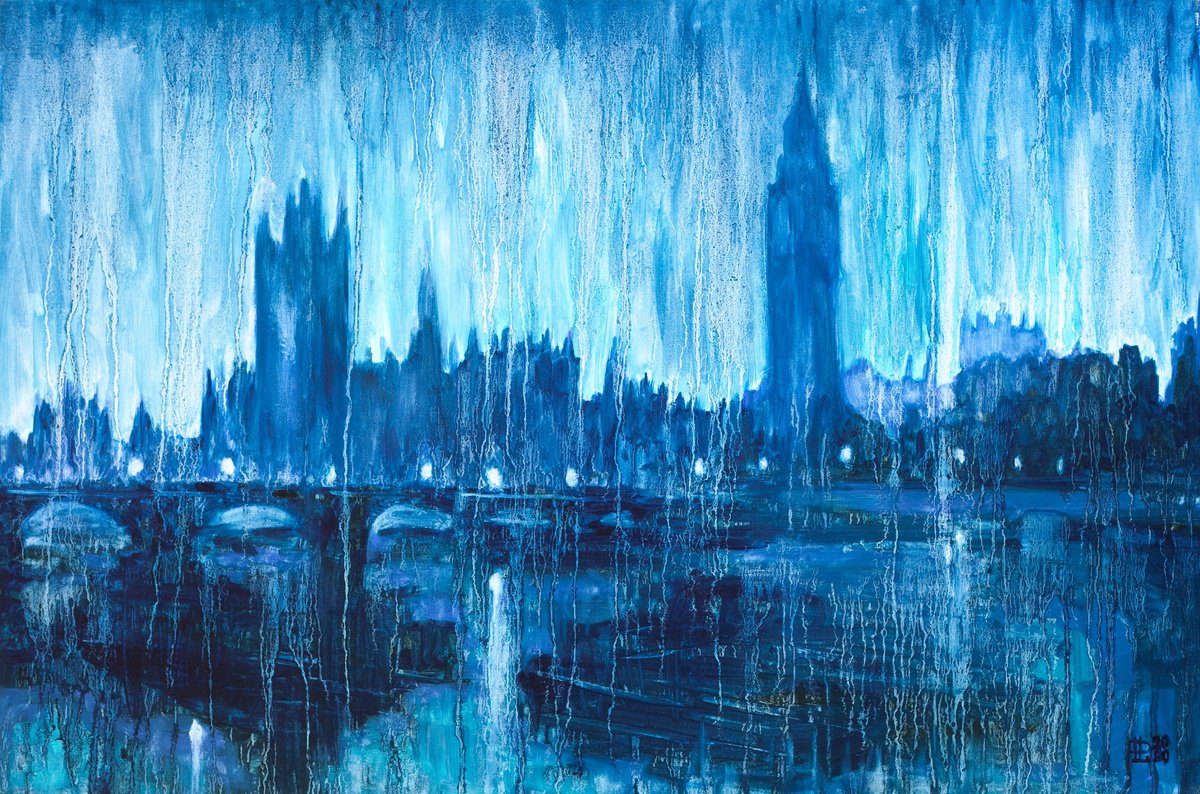 Impressionistic Landscape Oil Painting By Liudmila Pisliakova, 24 X 16", London Blues, Original Artwork