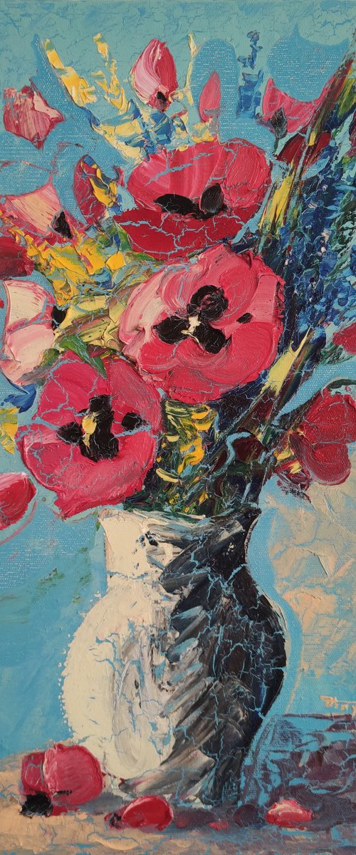 Field flowers with blue background (30x50cm, oil painting,  ready to hang) by Hayk Miqayelyan