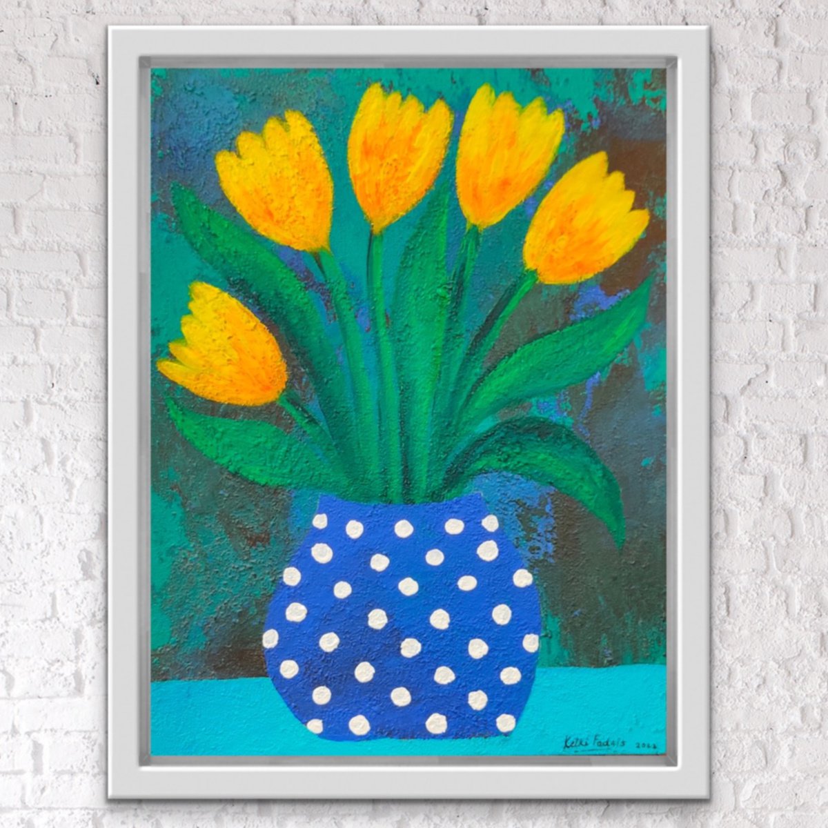 Expressive Botanical Acrylic Painting By Ketki Fadnis, 12 X 16", Yellowtulips In Polkadots Vase, Original Artwork