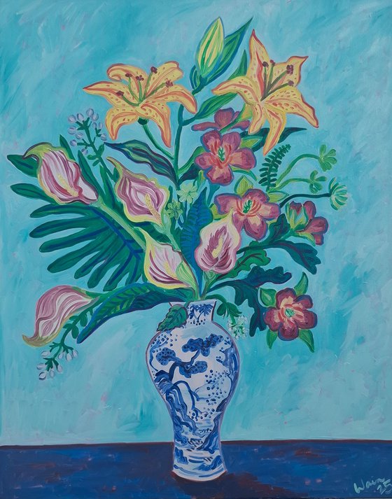 Tropical Bouquet in a Blue and White Vase