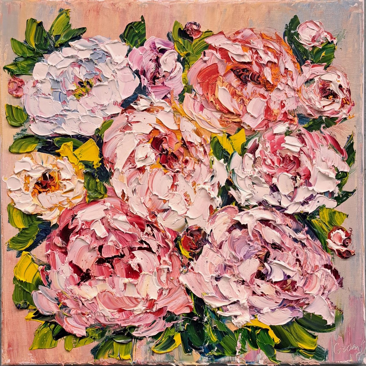 Impressionistic Botanical Oil Painting By Oksana Fedorova, 16 X 16", Peonies Flowers, Original Artwork
