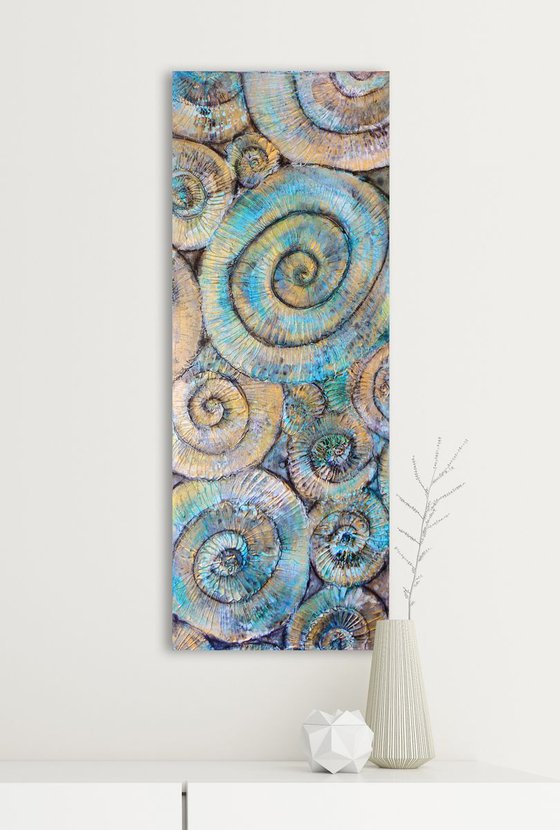 Turquoise Ammonites #2 (textured fossil artwork, ready to hang)