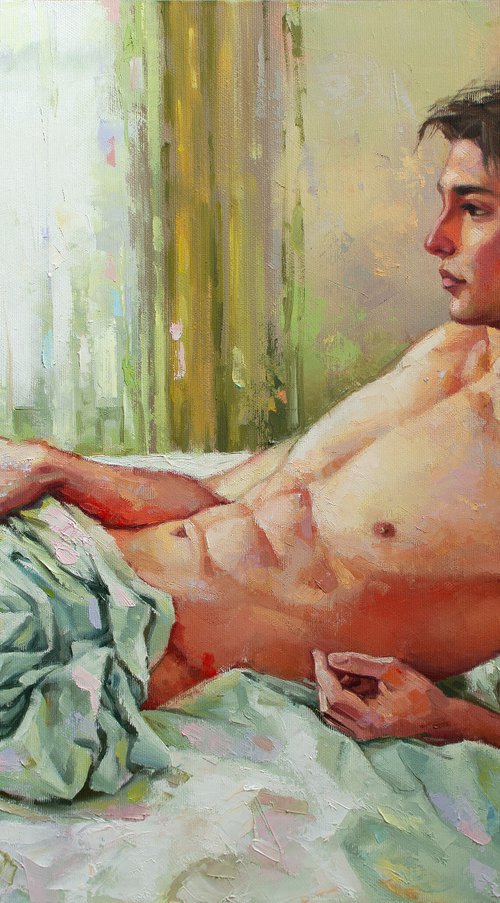 MORNING LIGHT by Yaroslav Sobol (Contemporary original oil painting of a nude male model in a bedroom filled with morning light, Home Decor) by Yaroslav Sobol