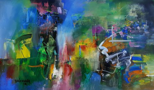 Turbulence No. 3, original painting bold colors, horizontal oil on canvas, abstract artwork by Constantin Galceava