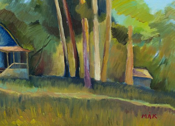 A HOUSE IN THE WOODS - landscape oil painting with pine trees and cerulean blue sky gift idea living room art