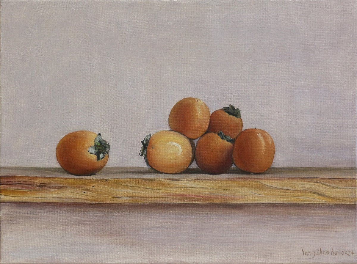 Photorealistic Still Life Oil Painting By Zhao Hui Yang, 16 X 12", Persimmon, Original Artwork