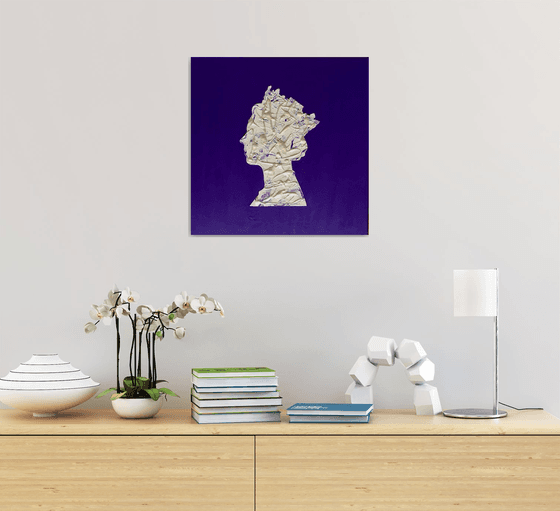 Queen #75 on dark purple, white and silver PAINTING INSPIRED BY QUEEN ELIZABETH PORTRAIT