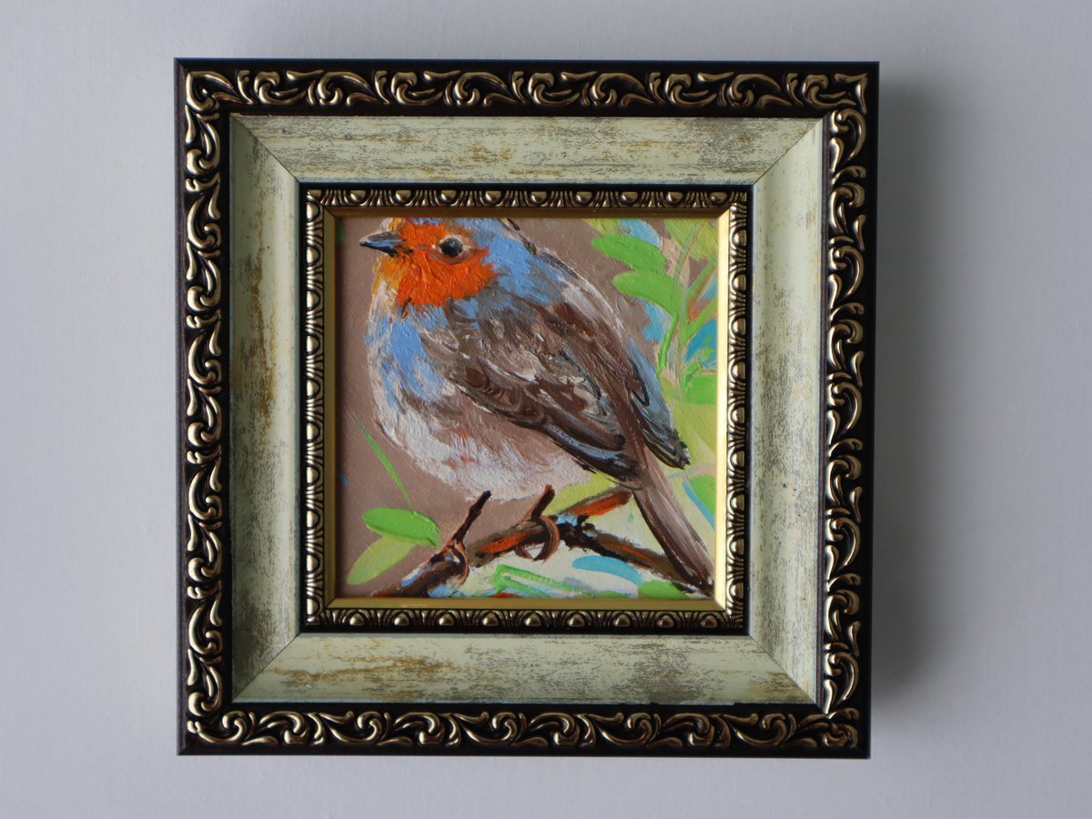 Bird painting original, Robin bird art painting, Miniature painting 4x4 in, 10x10 cm, Xmas... by Natalia Shaykina