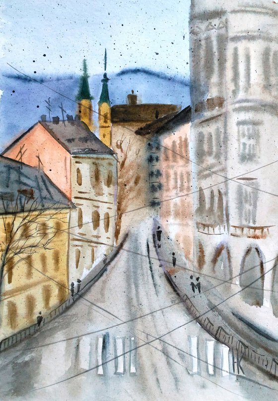 Lviv Painting Cityscape Original Art Fall Small Watercolor Autumn Artwork Home Wall Art 8 by 12" by Halyna Kirichenko