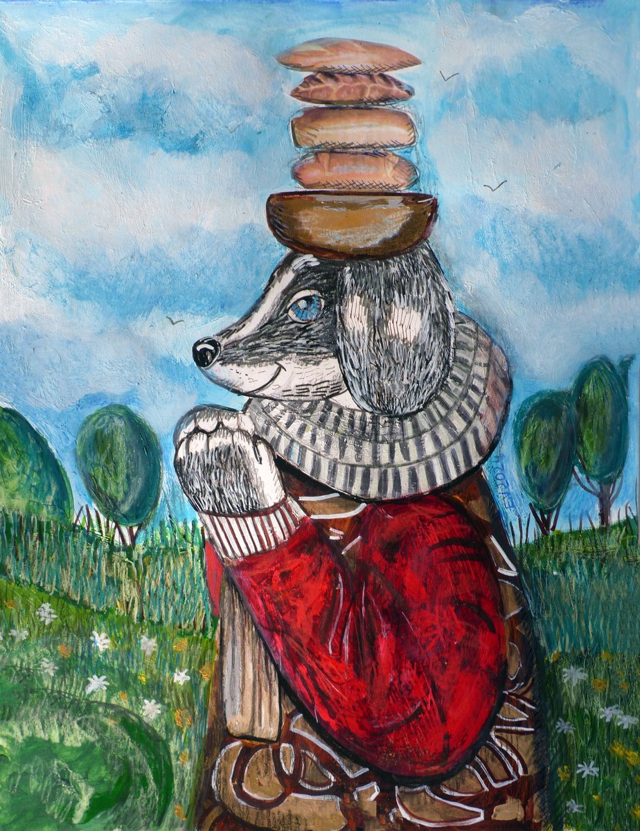 Surrealistic Animal Painting By Elizabeth Vlasova, 11 X 14, Wanderer With Bread, Original Artwork
