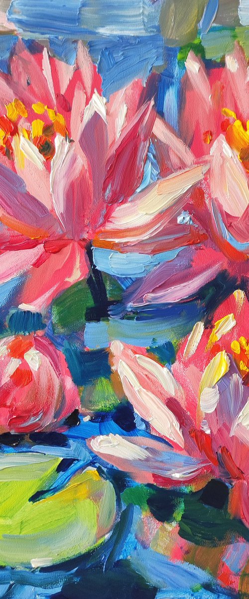 Pink Water Lilies. Oil Painting by Natalia Miasnikova