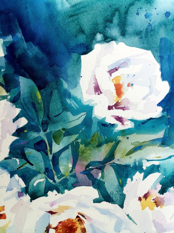 "Blooming white peonies in the evening" original botany watercolor artwork
