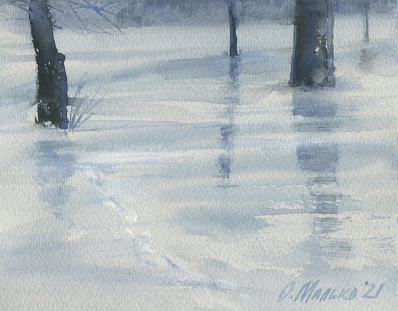 Snow and water. Winter surprise. Watercolor sketch 2 / Landscape painting. Original picture
