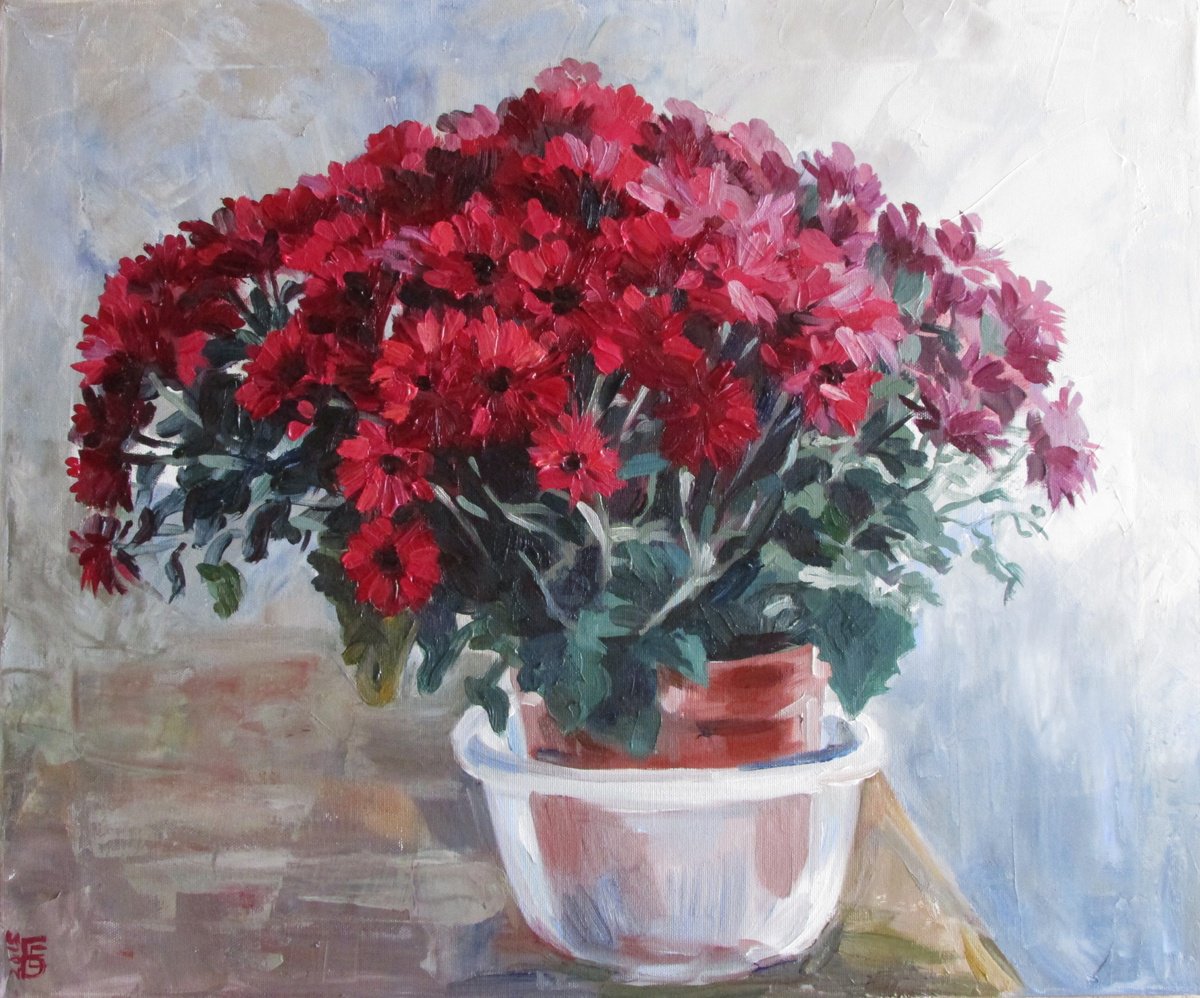 Impressionistic Botanical Oil Painting By Kateryna Bortsova, 24 X 20", Chrysanthemums, Original Artwork