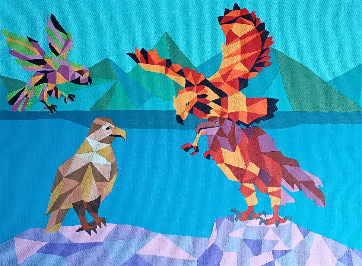 Geometric Animal Acrylic Painting By Corinne Hamer, 16 X 12, Eagles, Original Artwork