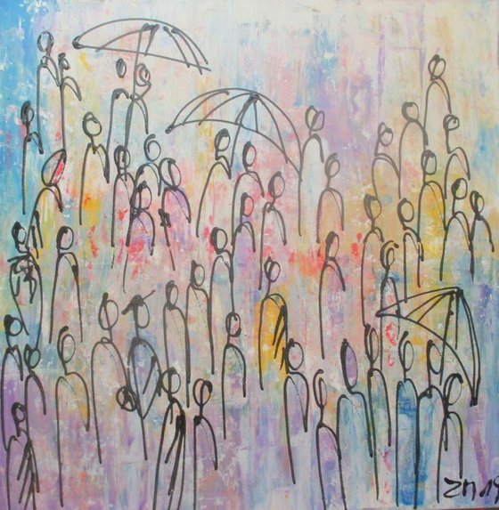 people with umbrellas - acrylpainting 90x90 cm 45,5x45,5 inch