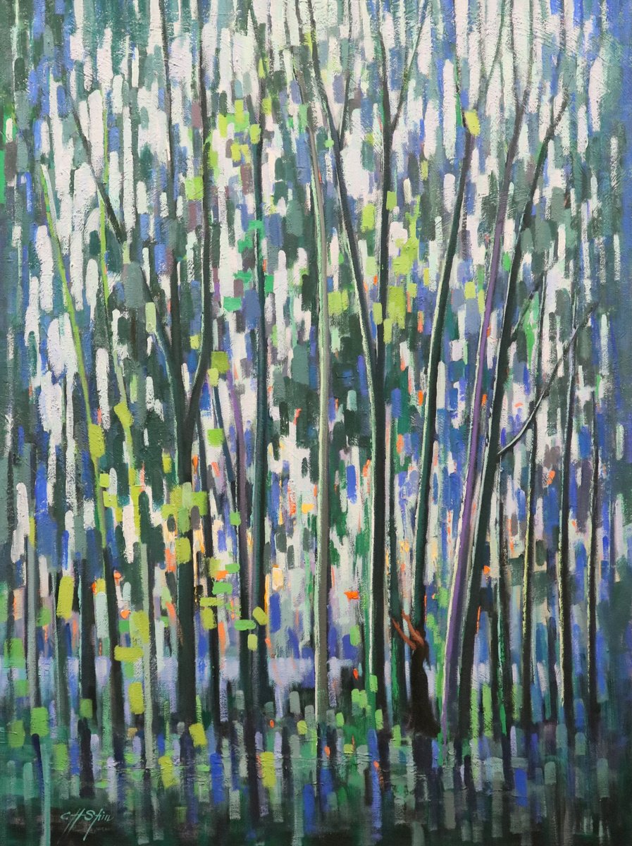 Expressive Landscape Oil Painting By Chin H Shin, 30 X 40, The Morning Prayer, Original Artwork