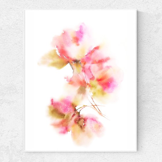 Soft pink flowers, watercolor loose flowers romantic painting "Apple blossom"