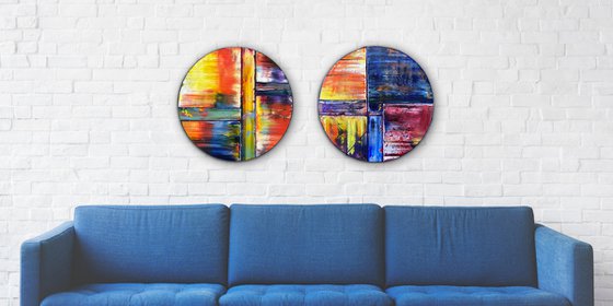 "Coming Full Circle" - Save As A Series - Original PMS Oil Painting Diptych On Circular Wooden Panels - 36 x 18 inches