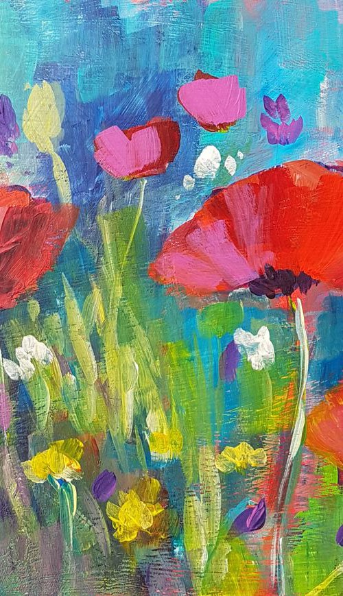 Poppies and yellow flowers. Poppy series. by Silvia Flores Vitiello