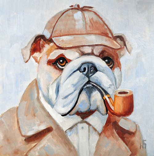Bulldog- Sherlock Holmes Original Art Funny Pet Artwork by Yulia Berseneva