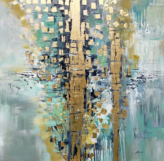 Cascade - Abstract Painting Large Canvas, Gold Leaf, Minimalist Painting, Green Aqua Abstract Painting by Lana Guise