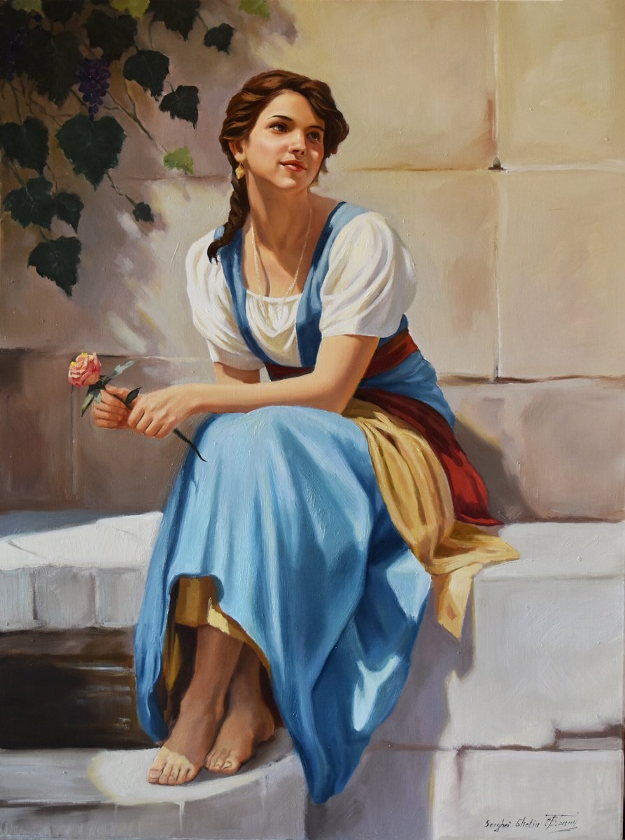 Photorealistic Portrait Oil Painting By Serghei Ghetiu, 24 X 31", The Mediterranean Girl Iv, Original Artwork