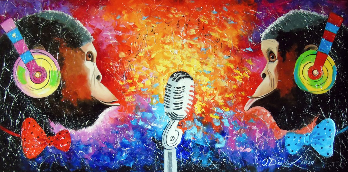 Impressionistic Animal Oil Painting By Olha Darchuk, 47 X 24", Song Of Music Lovers Monkeys, Original Artwork