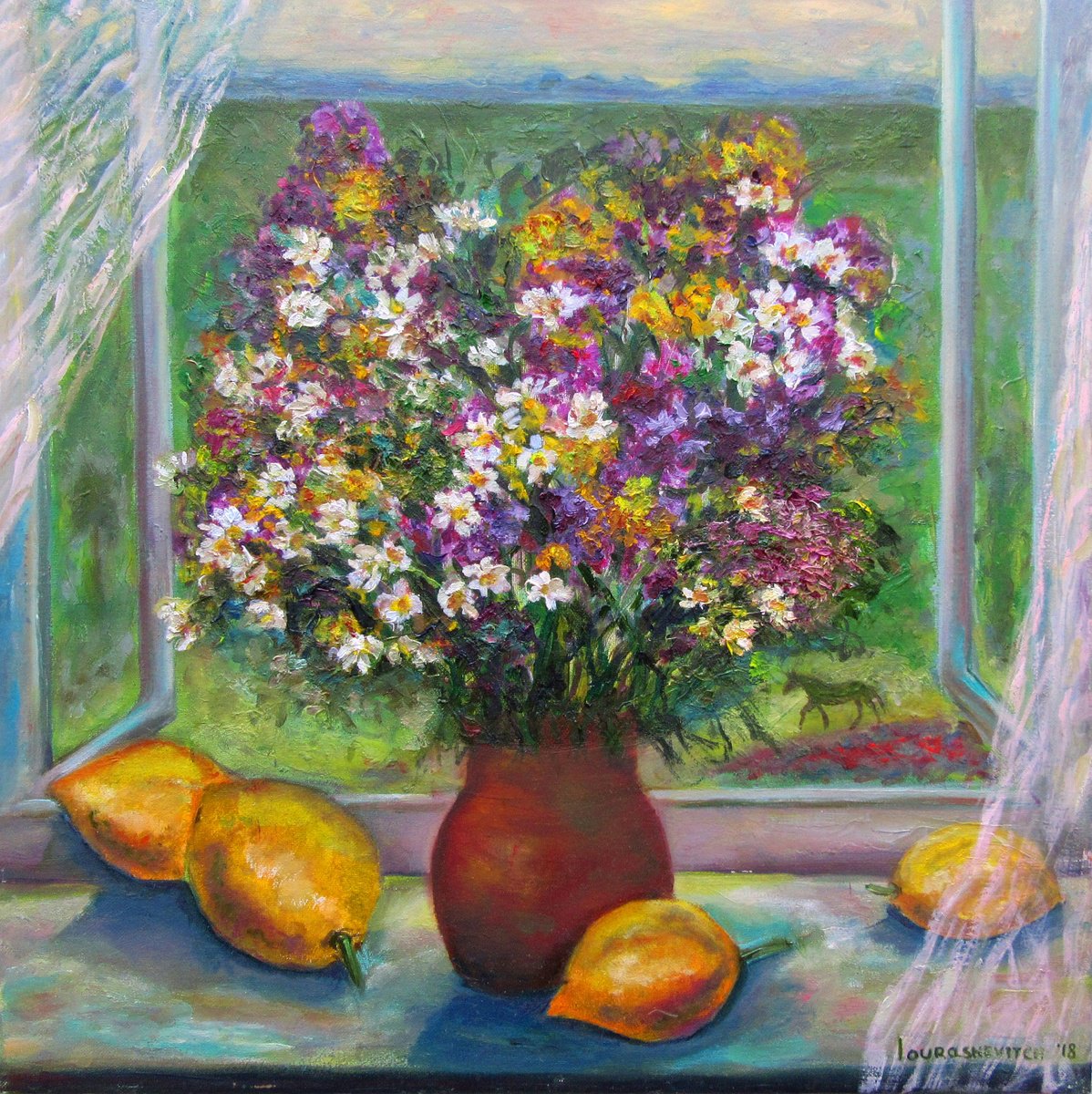 Impressionistic Botanical Oil Painting By Katia Ricci, 16 X 16", Joy Of Summer Flowers, Original Artwork