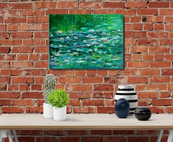 Nympheas 3, Pond Water Lily Painting Original Art Lotus Pond Landscape Artwork Floral Wall Art, 40x30 cm, ready to hang.