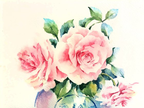 Still life "Bouquet of roses in an antique vase" original watercolor sketch