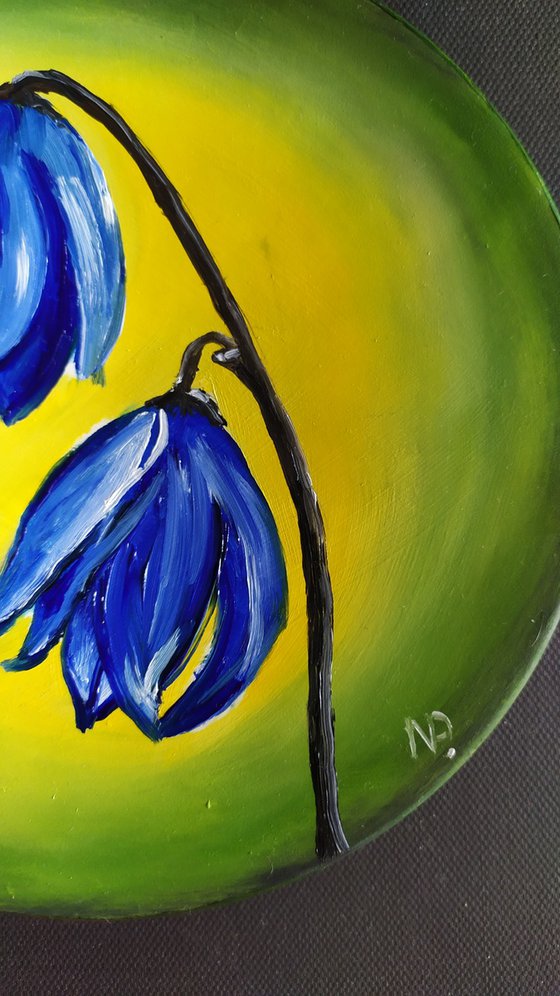 Blue flowers, original floral oil painting on wooden plate, small gift idea