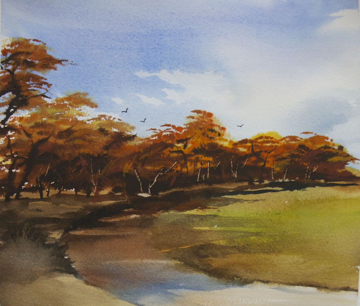 Impressionistic Landscape Watercolour By Jing Chen, 12 X 11, Autumn Stream, Original Artwork